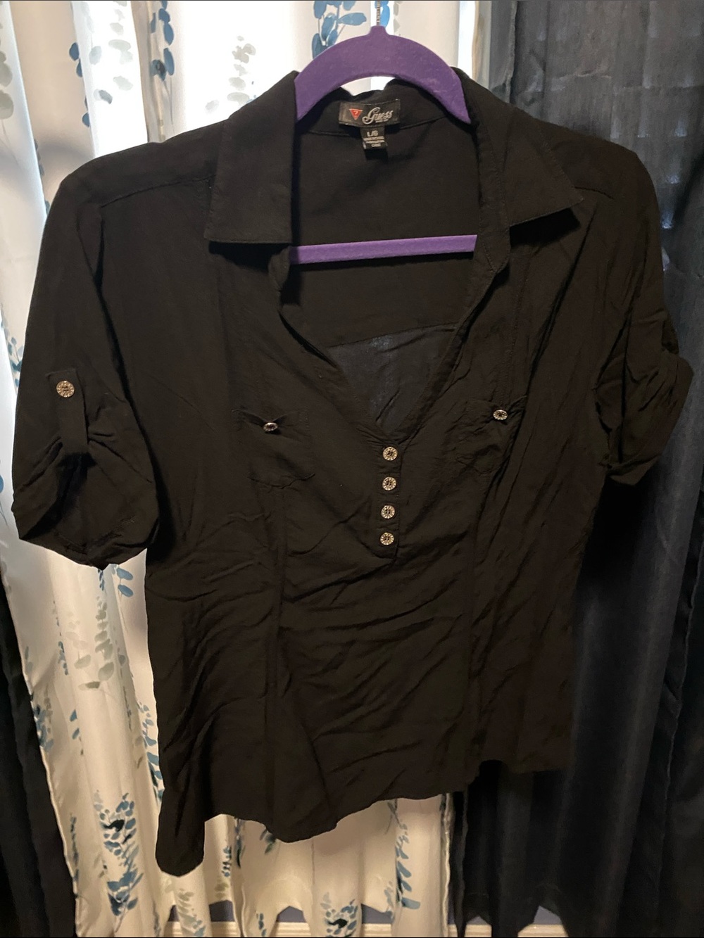 Guess Black Short-Sleeve Collared Button-Detail Top
